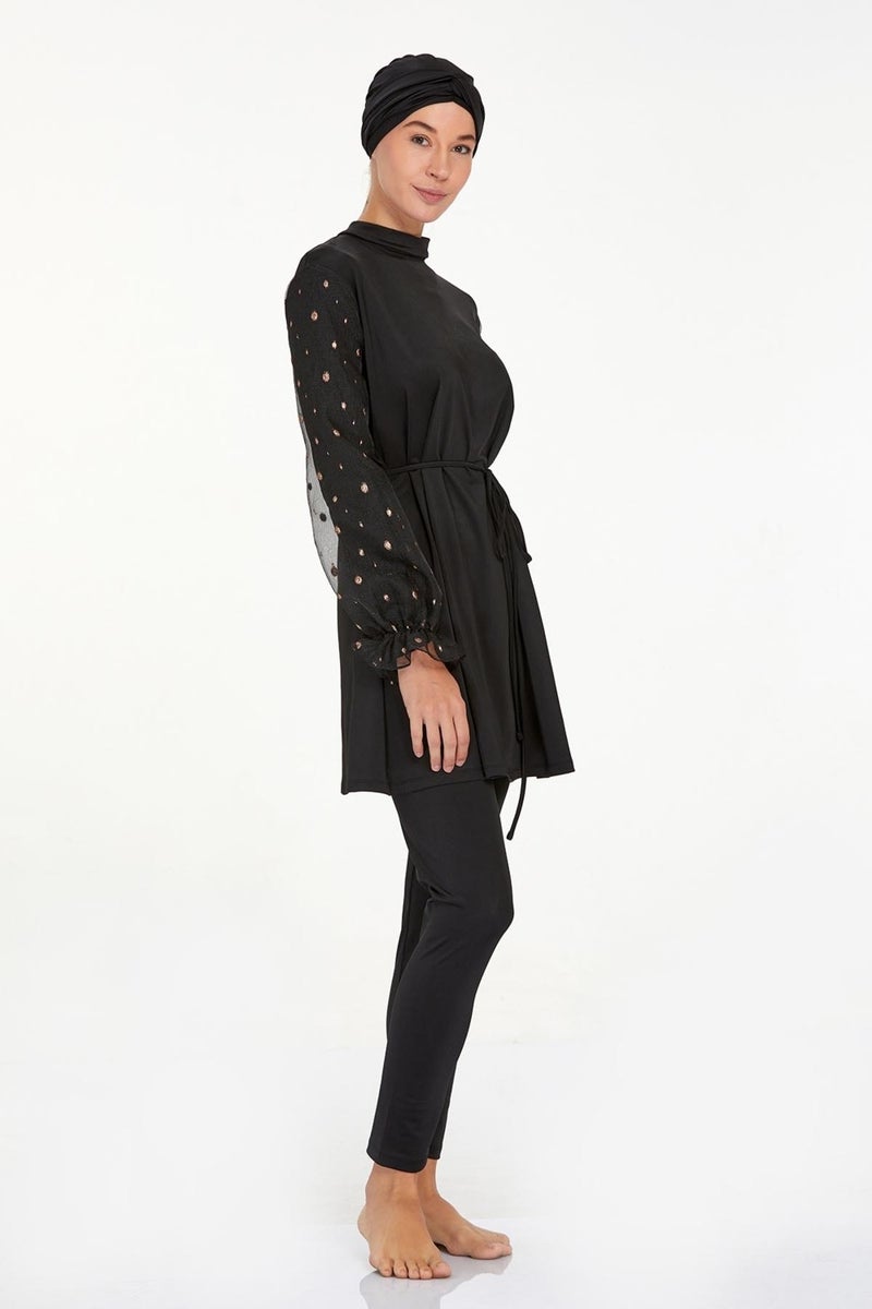 Remsa Mayo Chiffon Sleeve Detailed Lycra Fully Covered Hijab Swimsuit Beta 4557 Black  - Image 5