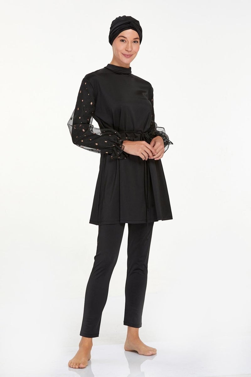 Remsa Mayo Chiffon Sleeve Detailed Lycra Fully Covered Hijab Swimsuit Beta 4557 Black  - Image 4