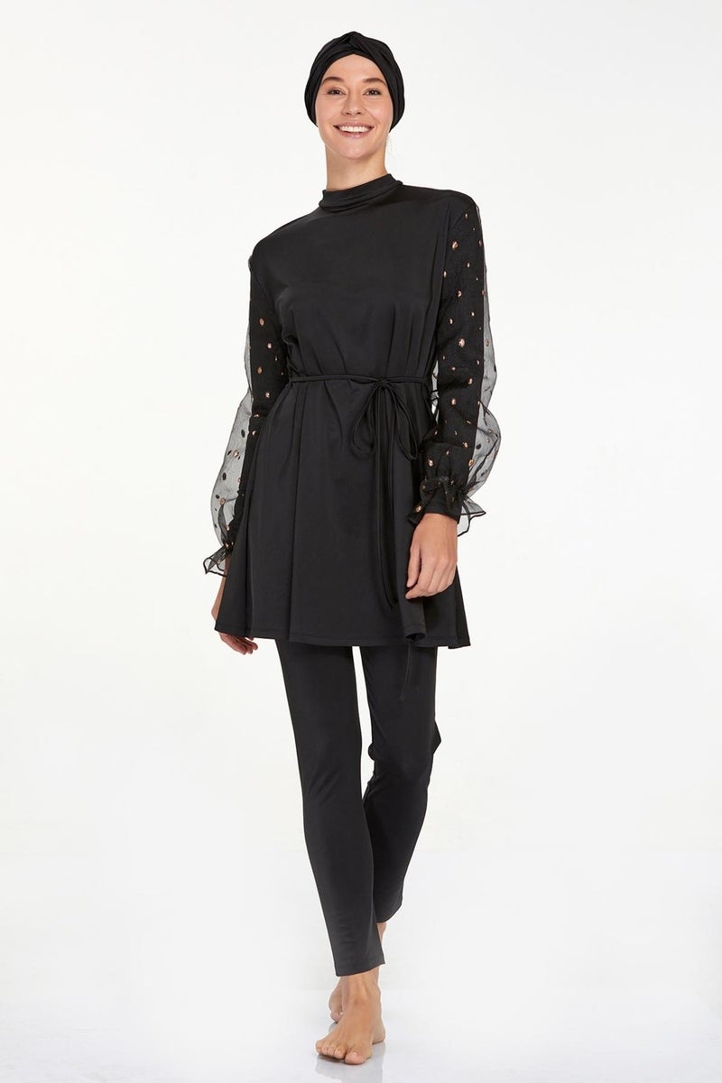 Remsa Mayo Chiffon Sleeve Detailed Lycra Fully Covered Hijab Swimsuit Beta 4557 Black  - Image 3