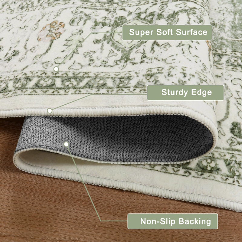 LIVEBOX Sage Green Round Rug 4ft, Vintage Tribal Circle Rugs for Entryway Foyer, Low-Pile Oriental Retro Rugs for Living Room, Stain Resistant Medallion Circular Rug for Bedroom - Image 4