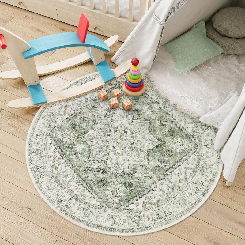 LIVEBOX Sage Green Round Rug 4ft, Vintage Tribal Circle Rugs for Entryway Foyer, Low-Pile Oriental Retro Rugs for Living Room, Stain Resistant Medallion Circular Rug for Bedroom - Image 2