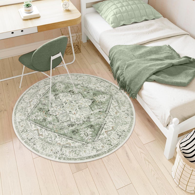 LIVEBOX Sage Green Round Rug 4ft, Vintage Tribal Circle Rugs for Entryway Foyer, Low-Pile Oriental Retro Rugs for Living Room, Stain Resistant Medallion Circular Rug for Bedroom - Image 3