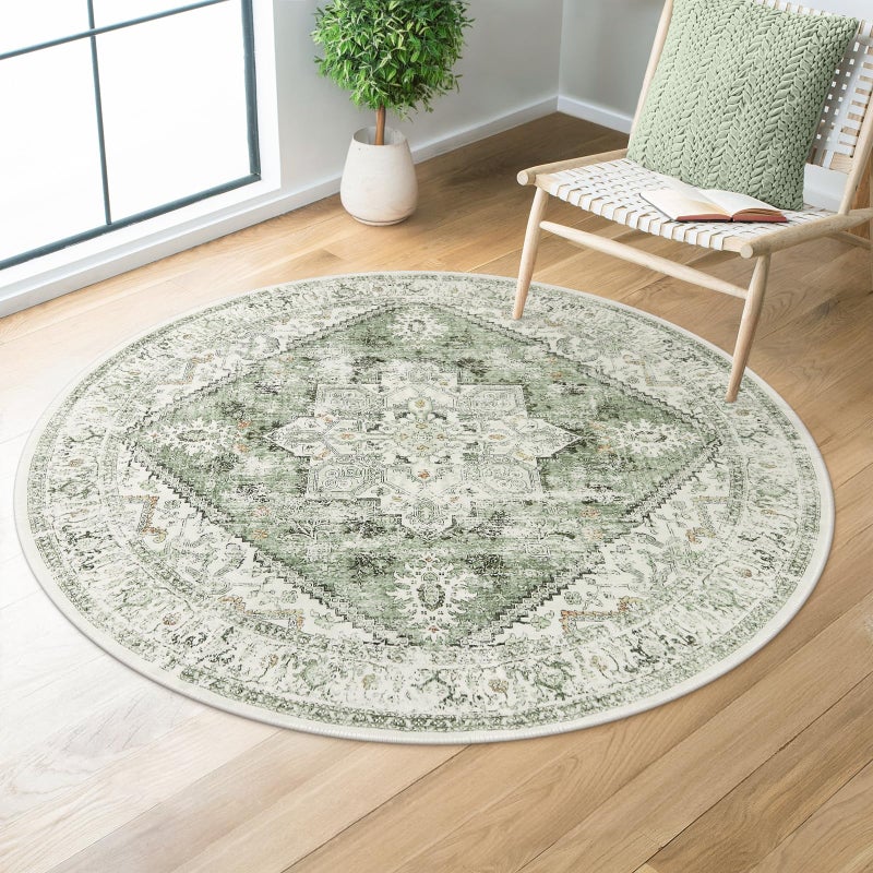 LIVEBOX Sage Green Round Rug 4ft, Vintage Tribal Circle Rugs for Entryway Foyer, Low-Pile Oriental Retro Rugs for Living Room, Stain Resistant Medallion Circular Rug for Bedroom - Image 1