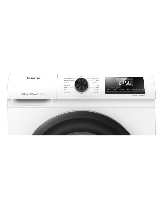 Hisense 8KG Front Load Washing Machine 1200RPM Steam Wash,Durable Inverter,Quick Wash,Self Diagnosis, Drum Clean,Delay End WFSQ8012VMW White - Image 4