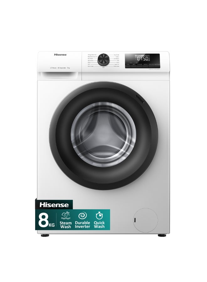 Hisense 8KG Front Load Washing Machine 1200RPM Steam Wash,Durable Inverter,Quick Wash,Self Diagnosis, Drum Clean,Delay End WFSQ8012VMW White - Image 1
