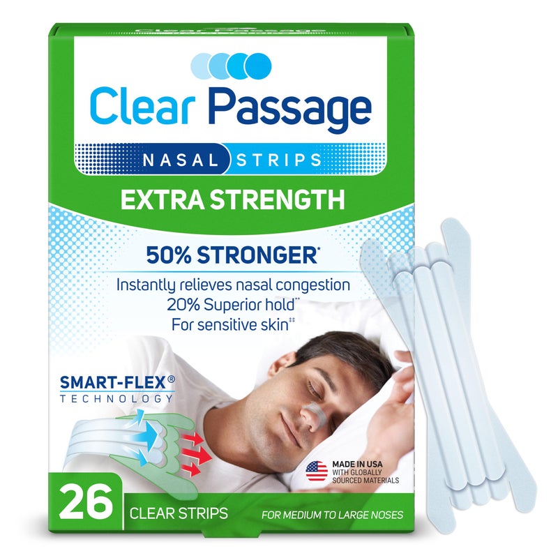 Clear Passage شرائط أنف كلير باسباج بقوة إضافية، شفافة، 26 قطعة | تعمل على تحسين النوم، تقليل الشخير، وتخفيف احتقان الأنف بسبب الزكام والحساسية - Image 1