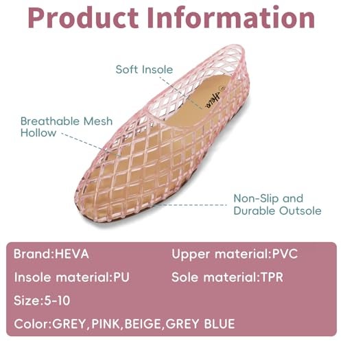 HEVA Women's Jelly Mesh Flats Breathable Clear Hollow Shoes Summer Beach Jellies Ballet Sandals(8 M US Pink) - Image 2