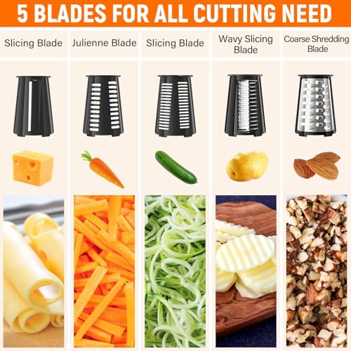 SpaceHacks 5 Blades Rotary Cheese Grater Hand Crank Vegetable Chopper Shredder Spiralizer Slicer Mandoline for Vegetable Cheese Fruit Food Chopper for Kitchen with Blades Storage Box Suction Base Black - Image 3