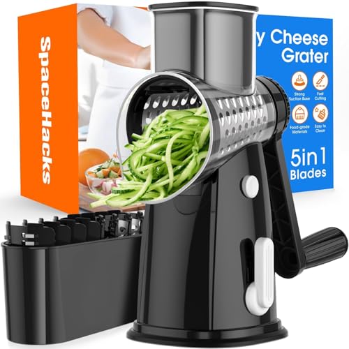 SpaceHacks 5 Blades Rotary Cheese Grater Hand Crank Vegetable Chopper Shredder Spiralizer Slicer Mandoline for Vegetable Cheese Fruit Food Chopper for Kitchen with Blades Storage Box Suction Base Black - Image 1