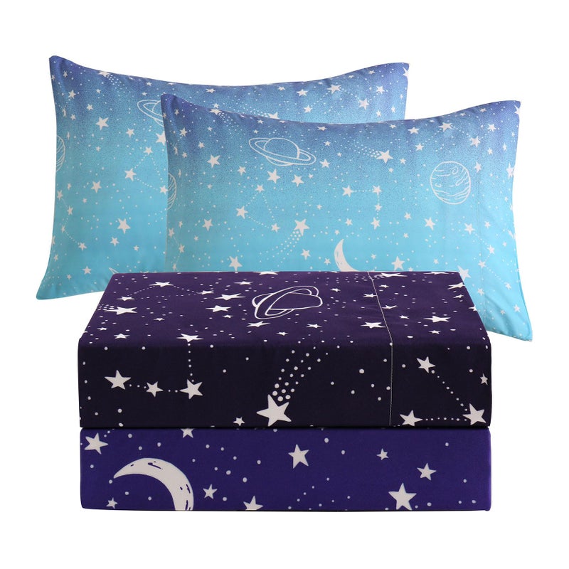 JSD Gradient Blue Moon Stars Kids Sheet Set Full Size  4 Piece Space Theme Microfiber Sheets Deep Pocket - Image 1