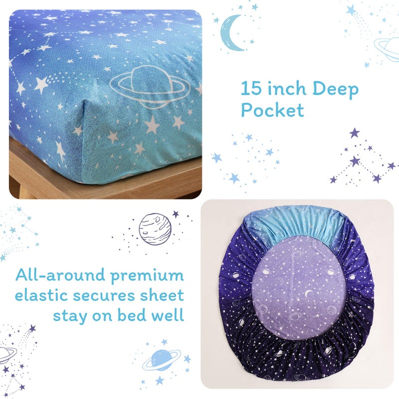 JSD Gradient Blue Moon Stars Kids Sheet Set Full Size  4 Piece Space Theme Microfiber Sheets Deep Pocket - Image 3