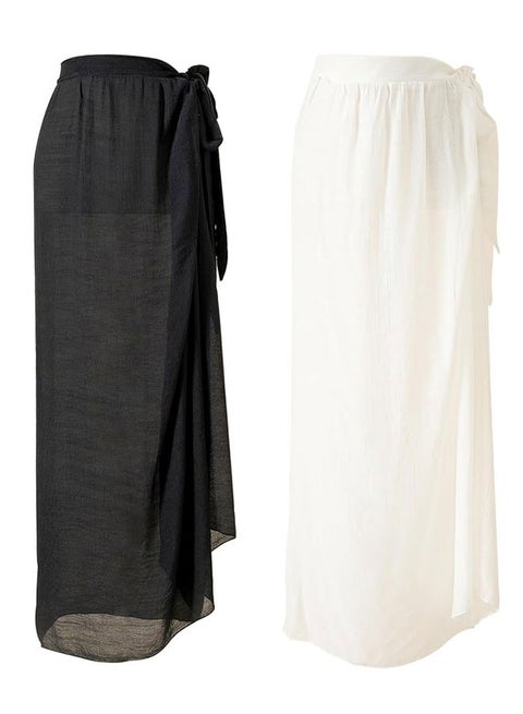2pcs Women Beach Sarong Bathing Suit Wrap Skirt Sheer Bikini Swimsuit Cover Ups 100cm Long Skirt Chiffon Scarf for Swimwear Black&White, One Size