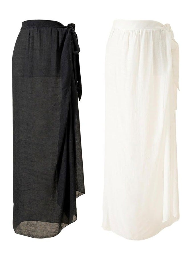 HAWAWA 2pcs Women Beach Sarong Bathing Suit Wrap Skirt Sheer Bikini Swimsuit Cover Ups 100cm Long Skirt Chiffon Scarf for Swimwear Black&White, One Size - Image 1