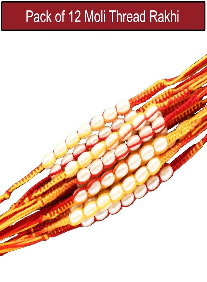Natali Traders Moli Thread Rakhi for Brother Set of 12 White Pearl Beads Mauli Dhaga Kalava Rakhi for Men Traditional Dora Handmade Rakhis for Brothers, Bhaiya Rakhis with Roli Chawal (Pack of 12) - Image 2