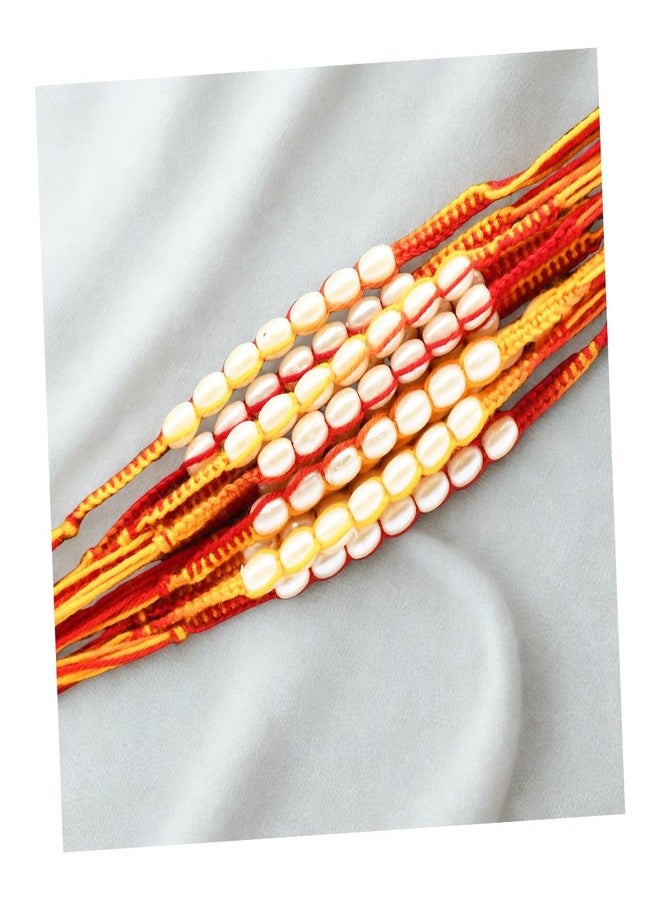 Natali Traders Moli Thread Rakhi for Brother Set of 12 White Pearl Beads Mauli Dhaga Kalava Rakhi for Men Traditional Dora Handmade Rakhis for Brothers, Bhaiya Rakhis with Roli Chawal (Pack of 12) - Image 1