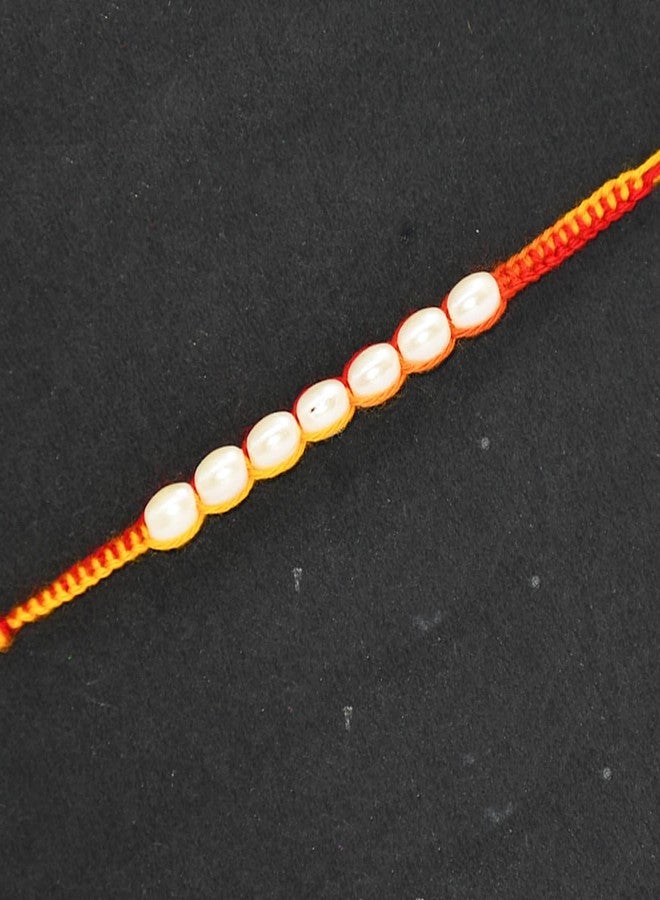 Natali Traders Moli Thread Rakhi for Brother Set of 12 White Pearl Beads Mauli Dhaga Kalava Rakhi for Men Traditional Dora Handmade Rakhis for Brothers, Bhaiya Rakhis with Roli Chawal (Pack of 12) - Image 3