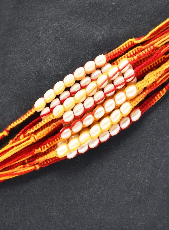 Natali Traders Moli Thread Rakhi for Brother Set of 12 White Pearl Beads Mauli Dhaga Kalava Rakhi for Men Traditional Dora Handmade Rakhis for Brothers, Bhaiya Rakhis with Roli Chawal (Pack of 12) - Image 5