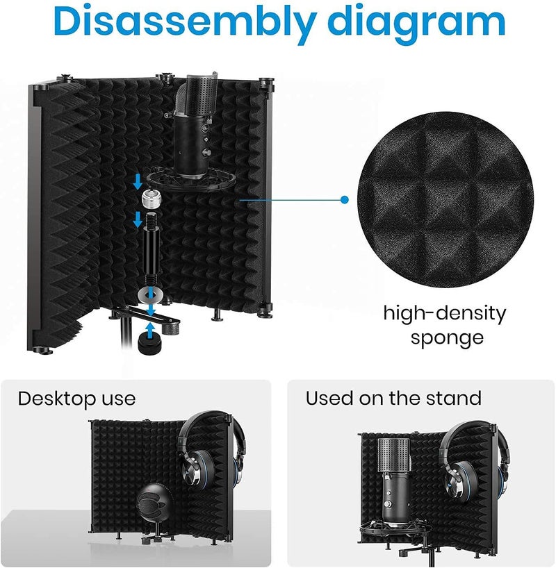 MOCKING BIRD Professional Acoustic Foam Microphone Isolation Shield |Echo Absorbing Soundproof panels Shield | Vocal Booth for Home Studio & Any Condenser Recording Equipment (Black) (5 panel) - Image 4