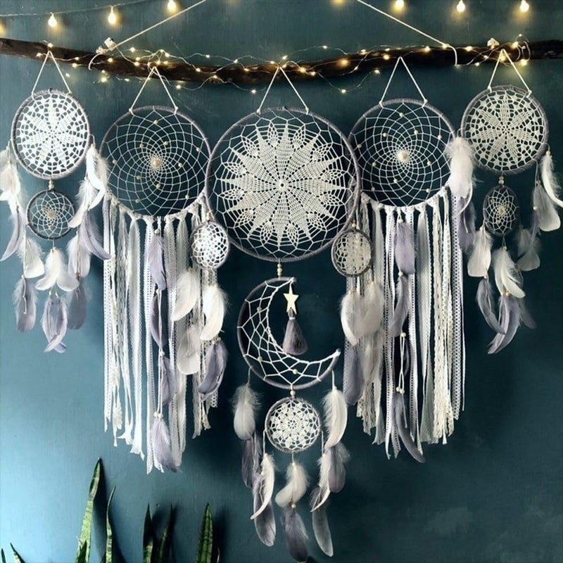 LODDIY Store Set of 5 Boho, Hanging Large Boho Dream Catcher Wall Hanging Moon Dream Catcher Set Dream Catchers Wall Decor for Vintage Wedding Home Decorations (Grey) - Image 1