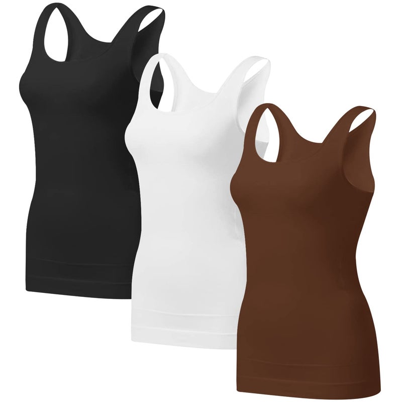 EUYZOU Women's 3PK Tummy Control Shapewear Tank Tops - Seamless Body Shaper Compression Top - Black/White/Coffee L - Image 1