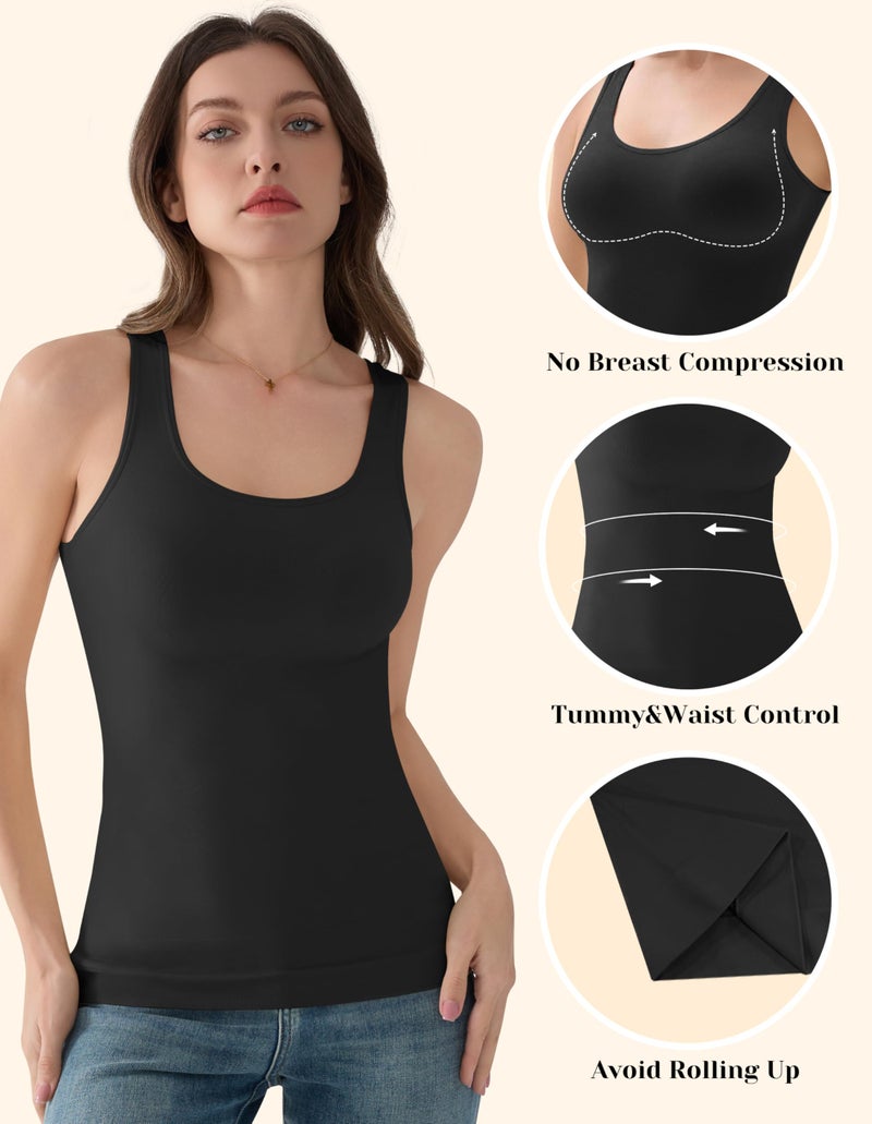 EUYZOU Women's 3PK Tummy Control Shapewear Tank Tops - Seamless Body Shaper Compression Top - Black/White/Coffee L - Image 4
