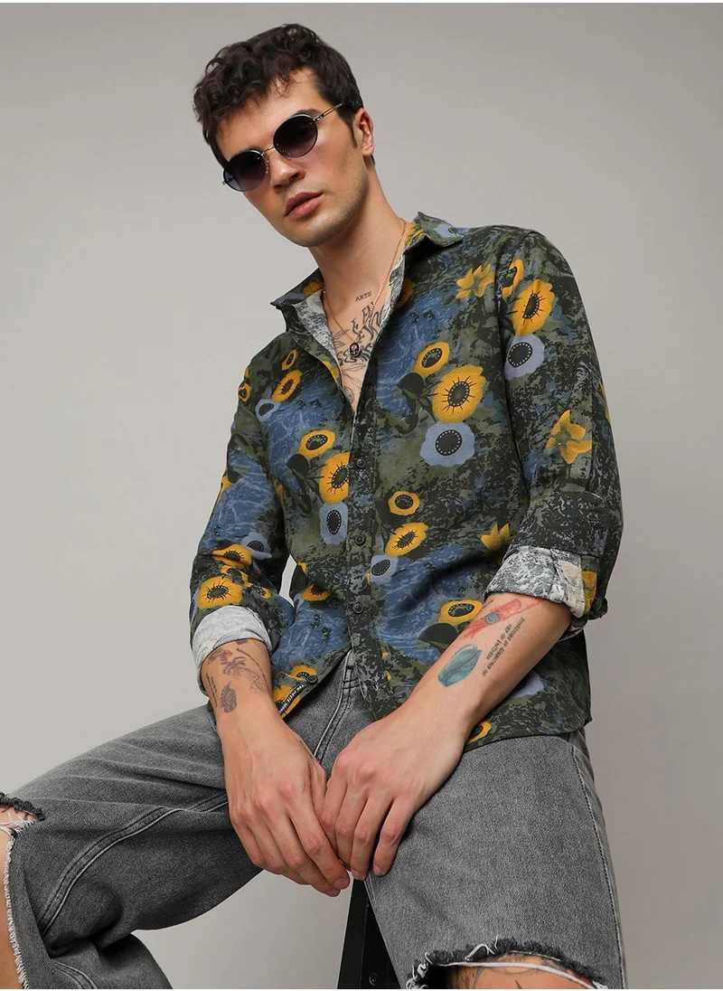 Campus Sutra Campus Sutra Men's Multicolour Botanical Abstract Shirt For Casual Wear | Spread Collar | Long Sleeve | Button Closure | Cotton Shirt Crafted With Comfort Fit For Everyday Wear