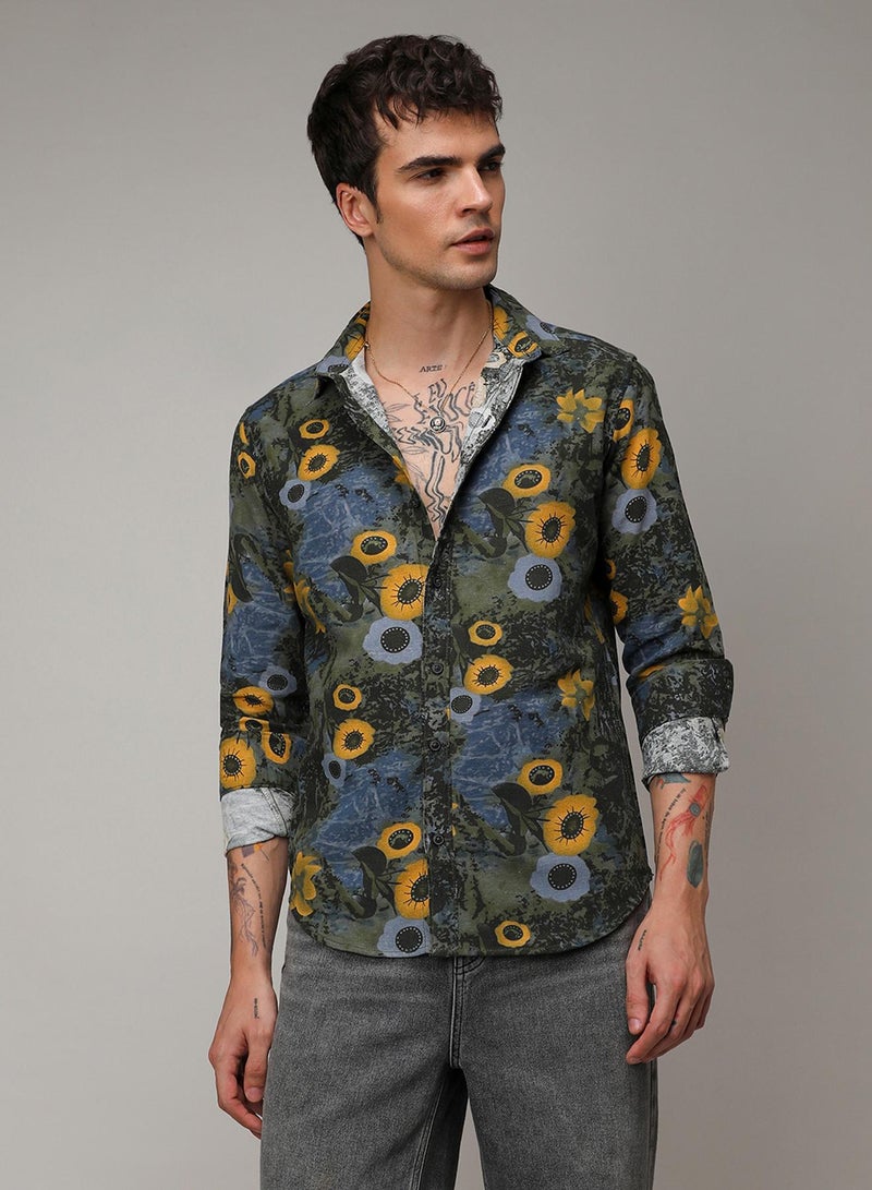Campus Sutra Campus Sutra Men's Multicolour Botanical Abstract Shirt For Casual Wear | Spread Collar | Long Sleeve | Button Closure | Cotton Shirt Crafted With Comfort Fit For Everyday Wear  - Image 2
