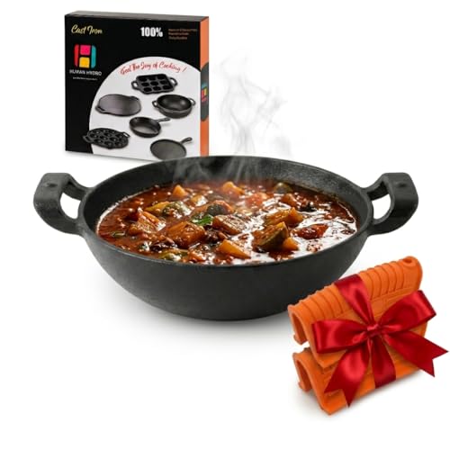 Human Hydro Cast Iron Kadai/Kadhai 25cm (2.2L) Deep Wok | Naturally Non-Stick When Seasoned | Gas & Induction Compatible | Silicone Handles | Deliq Series - Image 1