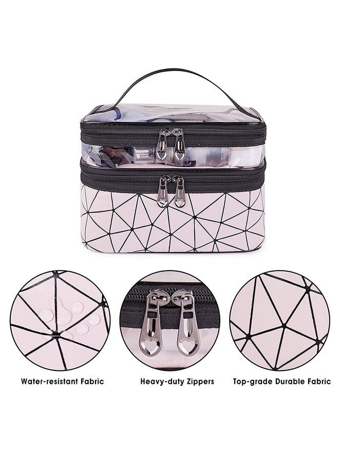 Luxoper Makeup Bags Double Layer Large Travel Cosmetic Cases with 2 Zippers for Women & Girls - Makeup Organizer for Toiletries, Cosmetics, Brushes, Makeup Storage Bag for Travel (Diamond Pink) - Image 2