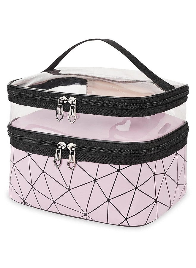 Luxoper Makeup Bags Double Layer Large Travel Cosmetic Cases with 2 Zippers for Women & Girls - Makeup Organizer for Toiletries, Cosmetics, Brushes, Makeup Storage Bag for Travel (Diamond Pink) - Image 1