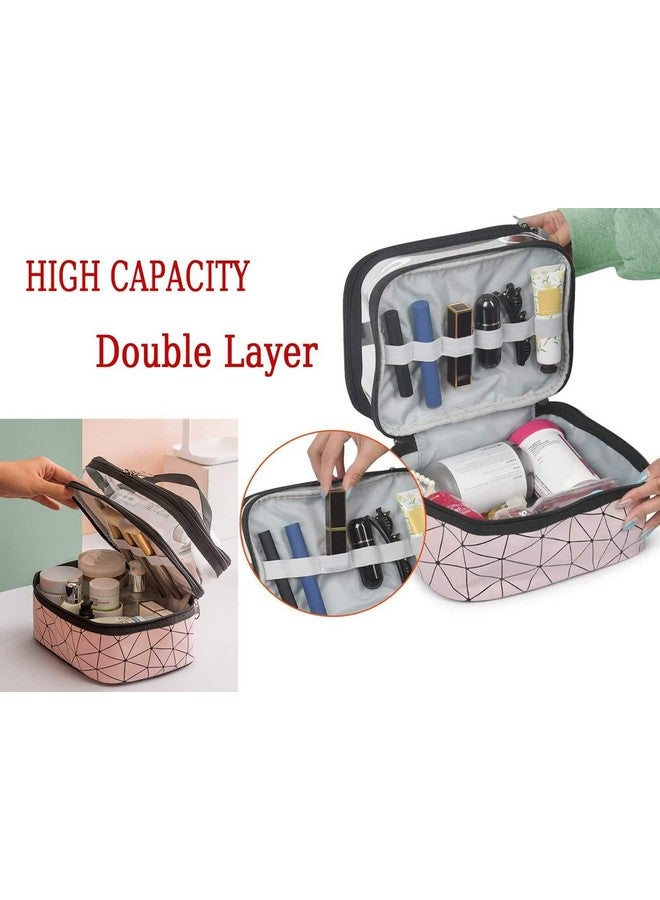 Luxoper Makeup Bags Double Layer Large Travel Cosmetic Cases with 2 Zippers for Women & Girls - Makeup Organizer for Toiletries, Cosmetics, Brushes, Makeup Storage Bag for Travel (Diamond Pink) - Image 5