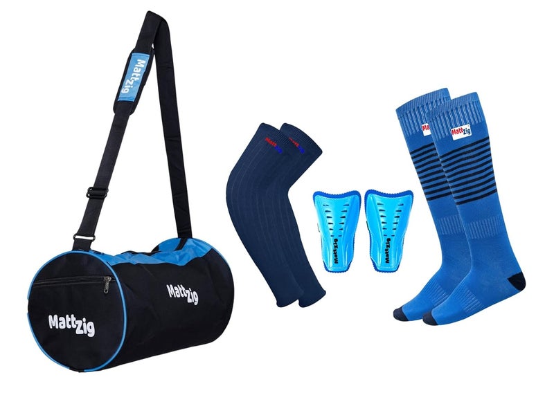 MATTZIG ® Club Football Kit (One Pair of Striped Lycra Socks + One Pair of Shin Guard + One Pair of Cotton Arm Sleeves + One Kit Bag) (Light Blue) - Image 1