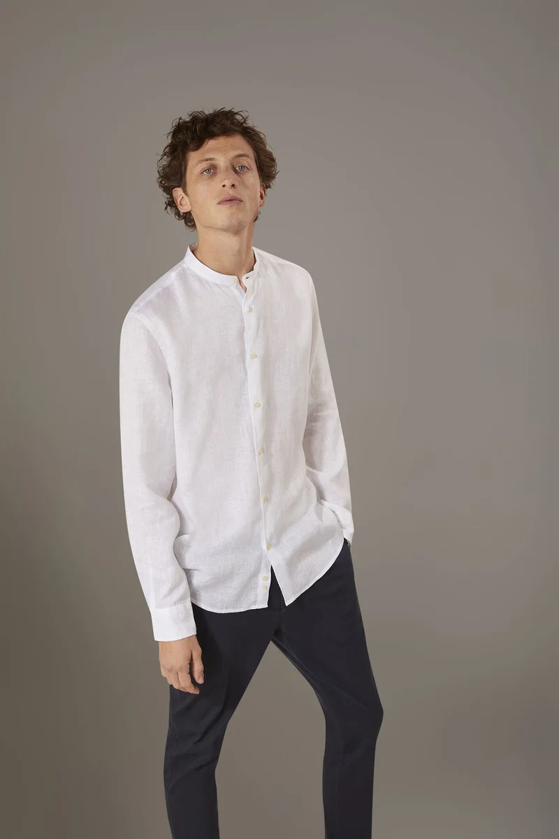 دوبل غانغر Casual shirt corean collar 100% linen - White