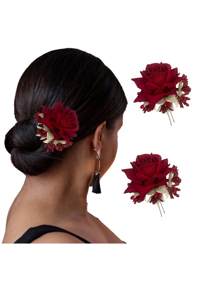 Temperia (2Pcs) Hair Accessories For Women & Girls - Stylish Red Rose Artificial Flowers Bun Juda U Pins & Clips For Style & Decoration - Bridal Brooch & Braid For Hairstyle Of Bride, Wedding & Party - Image 1