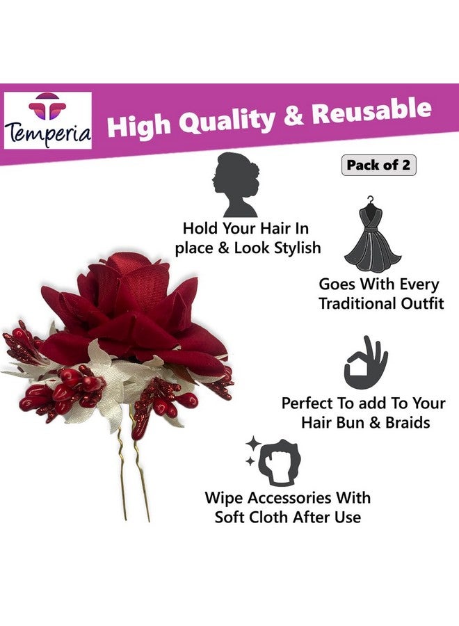 Temperia (2Pcs) Hair Accessories For Women & Girls - Stylish Red Rose Artificial Flowers Bun Juda U Pins & Clips For Style & Decoration - Bridal Brooch & Braid For Hairstyle Of Bride, Wedding & Party - Image 4