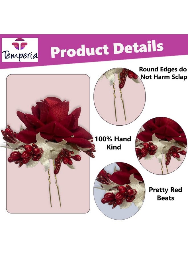 Temperia (2Pcs) Hair Accessories For Women & Girls - Stylish Red Rose Artificial Flowers Bun Juda U Pins & Clips For Style & Decoration - Bridal Brooch & Braid For Hairstyle Of Bride, Wedding & Party - Image 2
