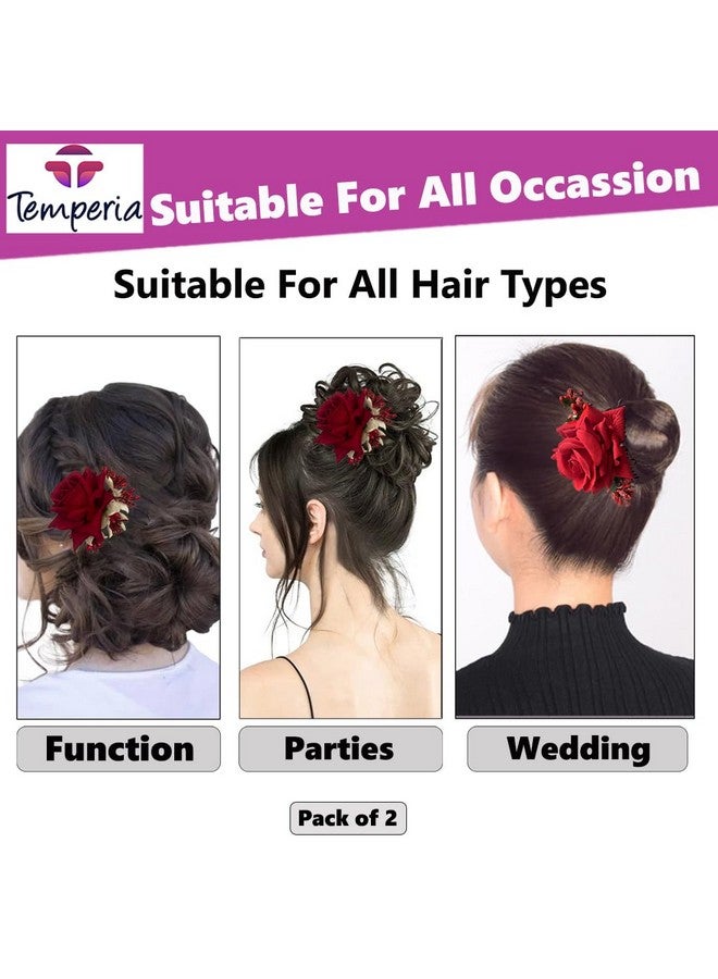 Temperia (2Pcs) Hair Accessories For Women & Girls - Stylish Red Rose Artificial Flowers Bun Juda U Pins & Clips For Style & Decoration - Bridal Brooch & Braid For Hairstyle Of Bride, Wedding & Party - Image 3