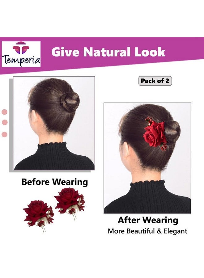 Temperia (2Pcs) Hair Accessories For Women & Girls - Stylish Red Rose Artificial Flowers Bun Juda U Pins & Clips For Style & Decoration - Bridal Brooch & Braid For Hairstyle Of Bride, Wedding & Party - Image 5