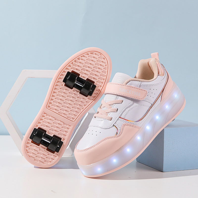Generic Autumn and Winter new four-wheel walking shoes boys and girls walking roller skating shoes high-looking campus students with four-wheel shoes 2988 pink four-wheel charging cross-border