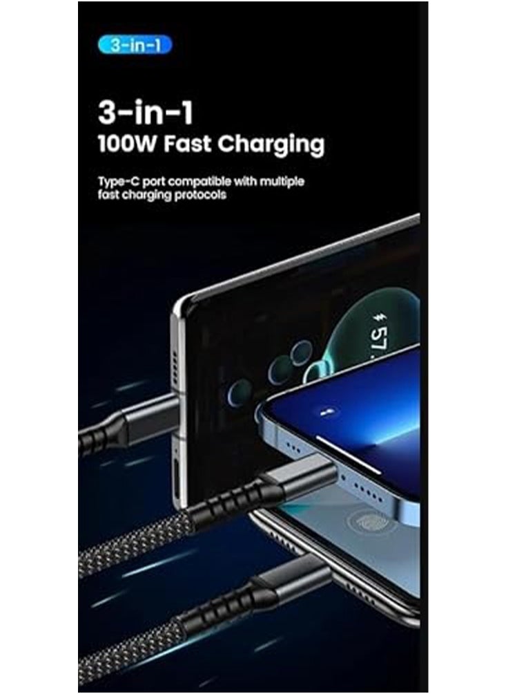 كابل USB 3 في 1 للشحن السريع بقوة 100 واط لأنظمة IOS و Android، مناسب بشكل واسع، مع حماية من الشحن الزائد - أسود