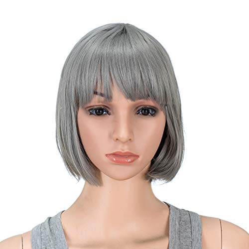 SWACC 10 Inch Short Straight Bob Wig with Bangs Synthetic Colorful Cosplay Daily Party Flapper Wig for Women with Wig Cap Dark Sliver Gray