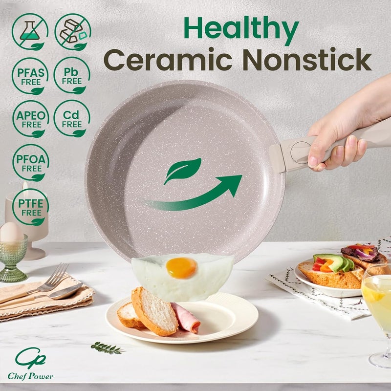 Chef Power Ceramic Nonstick Pots and Pans Set 19 Piece with Detachable Handle Induction Dishwasher Oven Safe Cookware Set RV Kitchen Set Removable Handle Mocca Taupe - Image 4