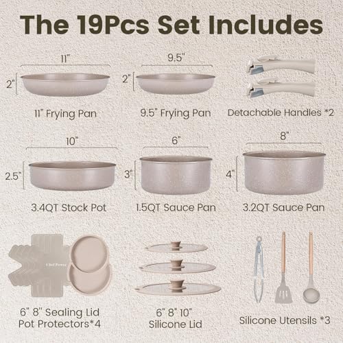 Chef Power Ceramic Nonstick Pots and Pans Set 19 Piece with Detachable Handle Induction Dishwasher Oven Safe Cookware Set RV Kitchen Set Removable Handle Mocca Taupe - Image 3