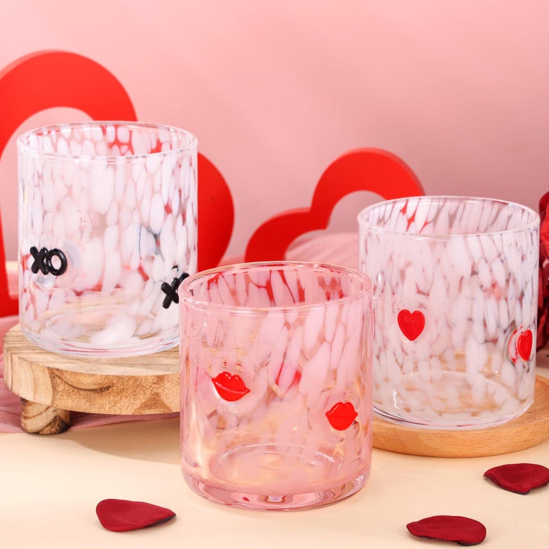 Booson 3 Pcs Valentine's Day Icon Glasses Valentine Juice Glass Cup 16oz Icon Stemless Glasses Lipstick XO Heart Drinking Glass Set for Wedding Engagement Anniversary Romantic Gifts - Image 1
