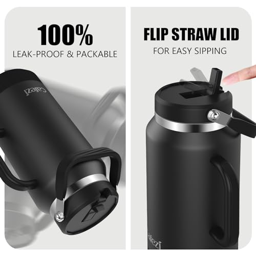 Cafezi 64oz Stainless Steel Water Bottle with Flip Straw - Leak-Proof, Sweat-Free, Top and Side Handle, Anti-Slip Base, Iced for 34 Hours, Dishwasher Safe - Water Jug for Sports Events, Beach Days - Image 2