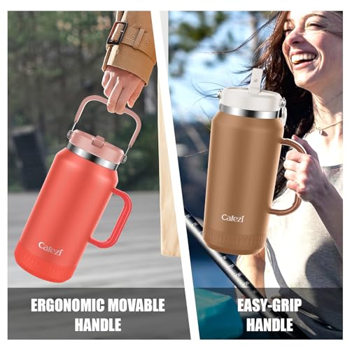 Cafezi 64oz Stainless Steel Water Bottle with Flip Straw - Leak-Proof, Sweat-Free, Top and Side Handle, Anti-Slip Base, Iced for 34 Hours, Dishwasher Safe - Water Jug for Sports Events, Beach Days - Image 3