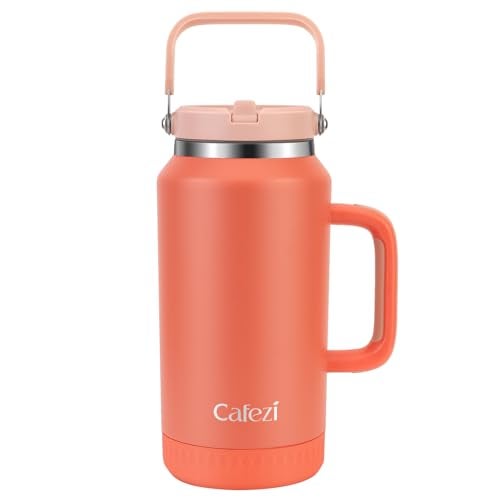 Cafezi 64oz Stainless Steel Water Bottle with Flip Straw - Leak-Proof, Sweat-Free, Top and Side Handle, Anti-Slip Base, Iced for 34 Hours, Dishwasher Safe - Water Jug for Sports Events, Beach Days - Image 1