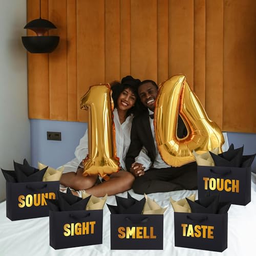 OEMVALATY 5 Senses Gift Bags for Him Her Five Senses Gift Bags with Ribbon Handles and Tissue Paper Present Wrappings for Valentine Wedding Anniversary Birthday Christmas(Black, 12.6''x8.8''x4'') - Image 3