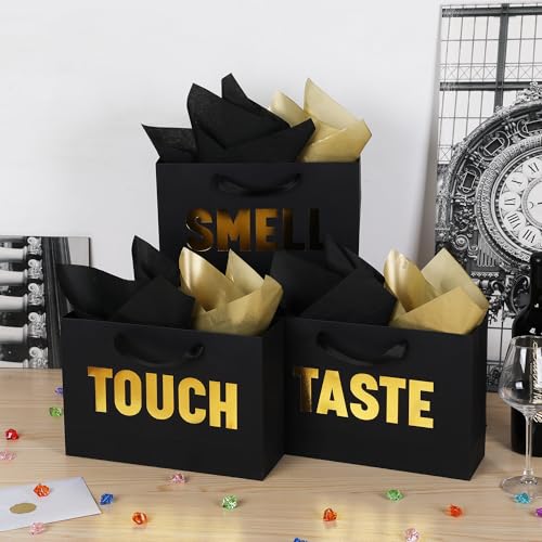 OEMVALATY 5 Senses Gift Bags for Him Her Five Senses Gift Bags with Ribbon Handles and Tissue Paper Present Wrappings for Valentine Wedding Anniversary Birthday Christmas(Black, 12.6''x8.8''x4'') - Image 4