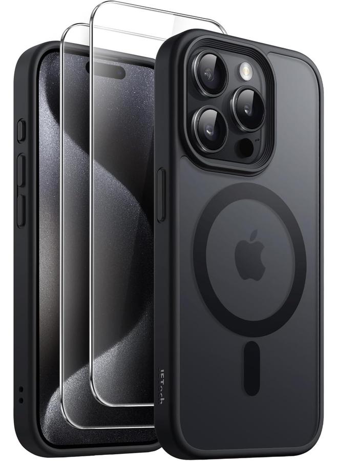 جي تيك جراب مغناطيسي 3 في 1 لهاتف Iphone 15 Pro Max مقاس 6.7 بوصة مع قطعتين من واقيات الشاشة الزجاجية المقواة المتوافقة مع غطاء الهاتف الشفاف غير اللامع المقاوم للصدمات من Magsafe باللون الأسود - Image 1